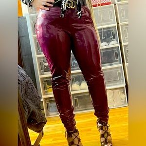 Raspberry plastic pants look super sexy in these